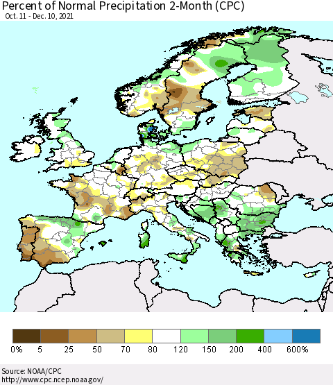 Europe Percent of Normal Precipitation 2-Month (CPC) Thematic Map For 10/11/2021 - 12/10/2021