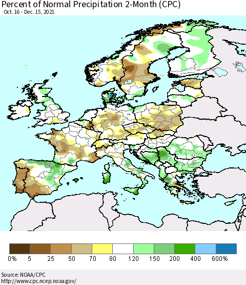 Europe Percent of Normal Precipitation 2-Month (CPC) Thematic Map For 10/16/2021 - 12/15/2021