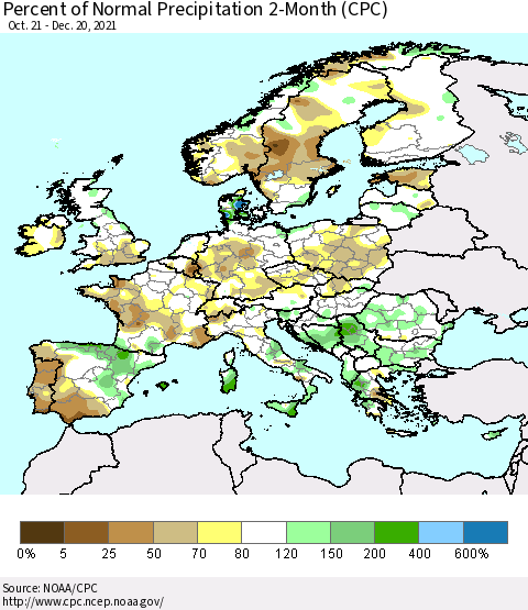 Europe Percent of Normal Precipitation 2-Month (CPC) Thematic Map For 10/21/2021 - 12/20/2021