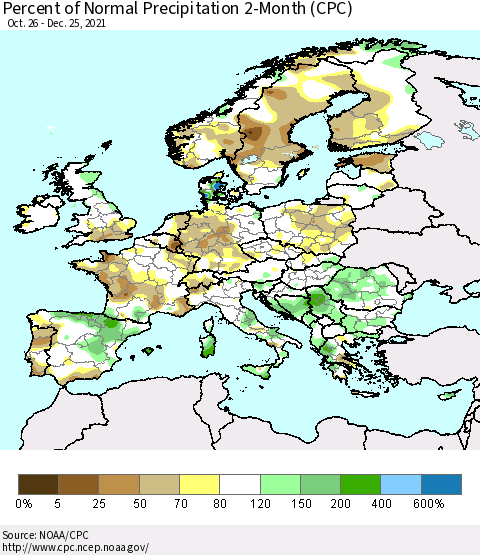 Europe Percent of Normal Precipitation 2-Month (CPC) Thematic Map For 10/26/2021 - 12/25/2021