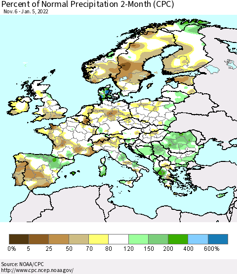 Europe Percent of Normal Precipitation 2-Month (CPC) Thematic Map For 11/6/2021 - 1/5/2022