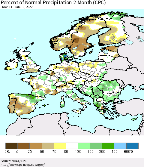 Europe Percent of Normal Precipitation 2-Month (CPC) Thematic Map For 11/11/2021 - 1/10/2022