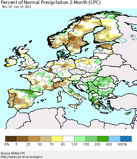 Europe Percent of Normal Precipitation 2-Month (CPC) Thematic Map For 11/16/2021 - 1/15/2022