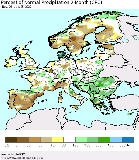 Europe Percent of Normal Precipitation 2-Month (CPC) Thematic Map For 11/26/2021 - 1/25/2022