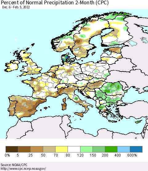 Europe Percent of Normal Precipitation 2-Month (CPC) Thematic Map For 12/6/2021 - 2/5/2022