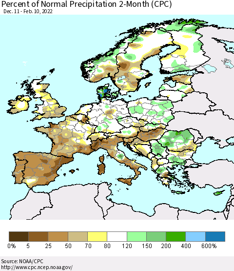 Europe Percent of Normal Precipitation 2-Month (CPC) Thematic Map For 12/11/2021 - 2/10/2022