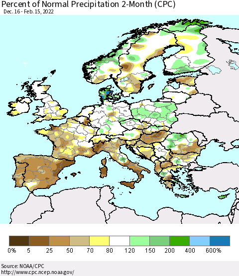 Europe Percent of Normal Precipitation 2-Month (CPC) Thematic Map For 12/16/2021 - 2/15/2022