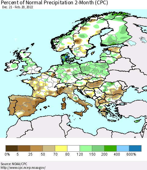 Europe Percent of Normal Precipitation 2-Month (CPC) Thematic Map For 12/21/2021 - 2/20/2022