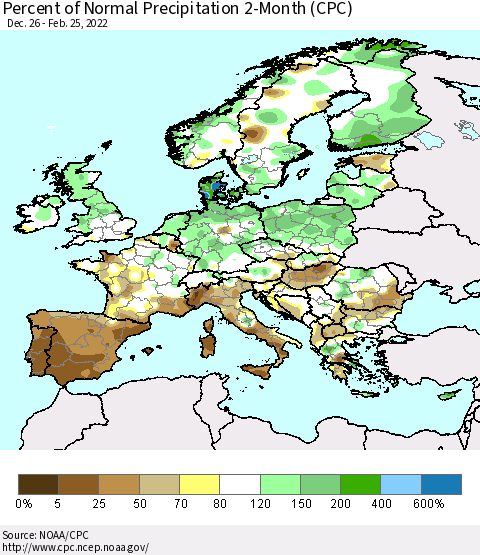 Europe Percent of Normal Precipitation 2-Month (CPC) Thematic Map For 12/26/2021 - 2/25/2022