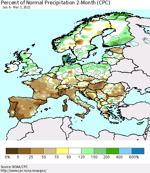 Europe Percent of Normal Precipitation 2-Month (CPC) Thematic Map For 1/6/2022 - 3/5/2022