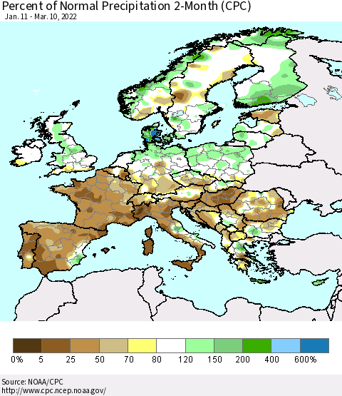 Europe Percent of Normal Precipitation 2-Month (CPC) Thematic Map For 1/11/2022 - 3/10/2022