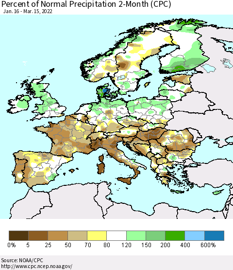 Europe Percent of Normal Precipitation 2-Month (CPC) Thematic Map For 1/16/2022 - 3/15/2022