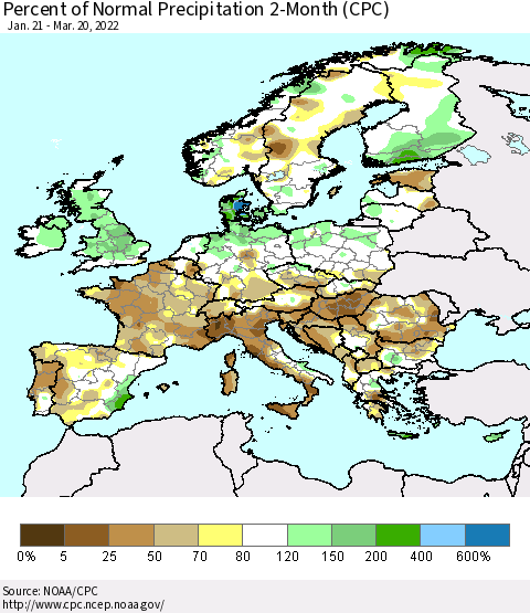 Europe Percent of Normal Precipitation 2-Month (CPC) Thematic Map For 1/21/2022 - 3/20/2022