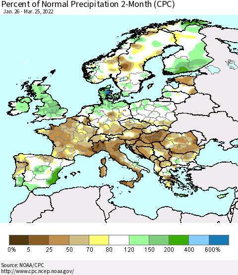 Europe Percent of Normal Precipitation 2-Month (CPC) Thematic Map For 1/26/2022 - 3/25/2022