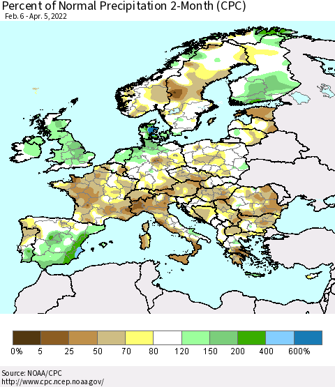 Europe Percent of Normal Precipitation 2-Month (CPC) Thematic Map For 2/6/2022 - 4/5/2022