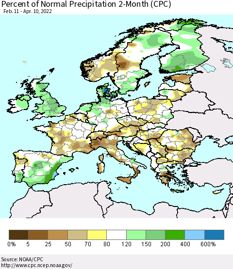 Europe Percent of Normal Precipitation 2-Month (CPC) Thematic Map For 2/11/2022 - 4/10/2022