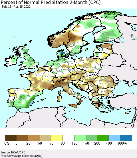 Europe Percent of Normal Precipitation 2-Month (CPC) Thematic Map For 2/16/2022 - 4/15/2022