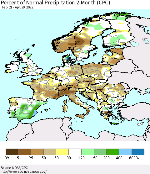 Europe Percent of Normal Precipitation 2-Month (CPC) Thematic Map For 2/21/2022 - 4/20/2022