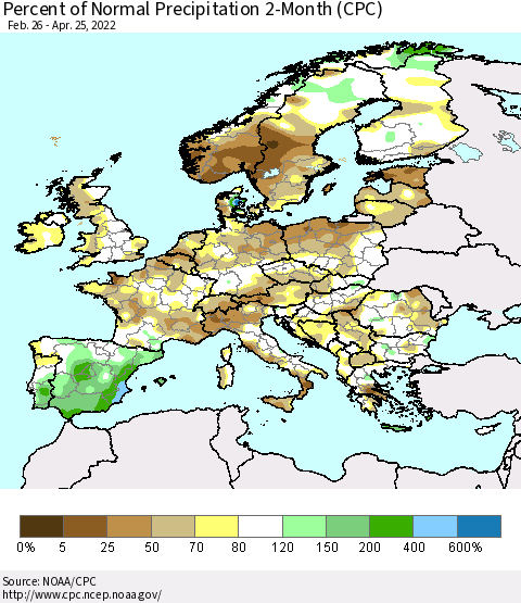 Europe Percent of Normal Precipitation 2-Month (CPC) Thematic Map For 2/26/2022 - 4/25/2022