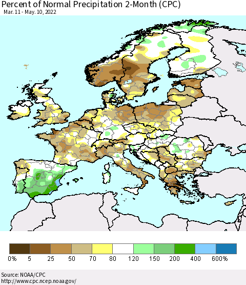 Europe Percent of Normal Precipitation 2-Month (CPC) Thematic Map For 3/11/2022 - 5/10/2022