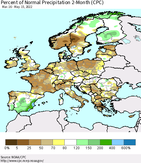 Europe Percent of Normal Precipitation 2-Month (CPC) Thematic Map For 3/16/2022 - 5/15/2022