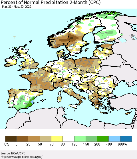 Europe Percent of Normal Precipitation 2-Month (CPC) Thematic Map For 3/21/2022 - 5/20/2022