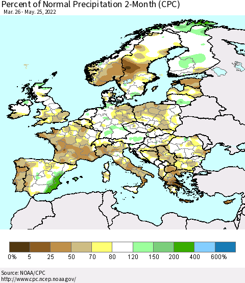 Europe Percent of Normal Precipitation 2-Month (CPC) Thematic Map For 3/26/2022 - 5/25/2022