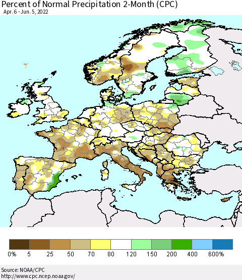 Europe Percent of Normal Precipitation 2-Month (CPC) Thematic Map For 4/6/2022 - 6/5/2022