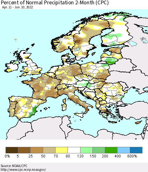 Europe Percent of Normal Precipitation 2-Month (CPC) Thematic Map For 4/11/2022 - 6/10/2022