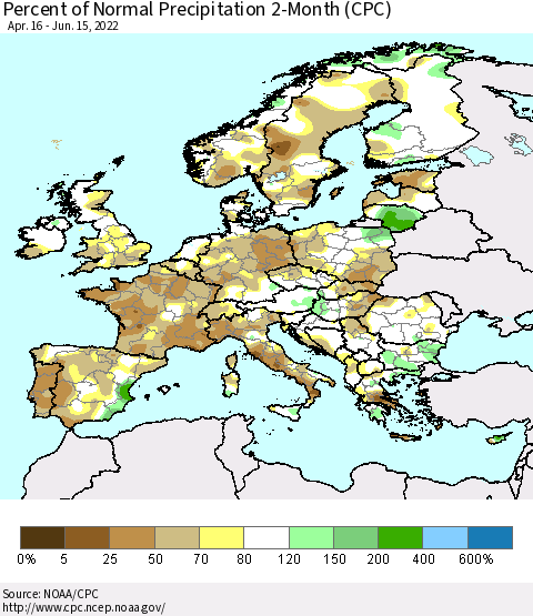 Europe Percent of Normal Precipitation 2-Month (CPC) Thematic Map For 4/16/2022 - 6/15/2022