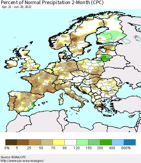 Europe Percent of Normal Precipitation 2-Month (CPC) Thematic Map For 4/21/2022 - 6/20/2022