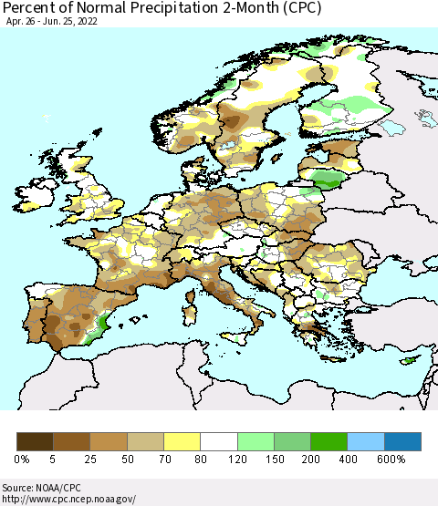 Europe Percent of Normal Precipitation 2-Month (CPC) Thematic Map For 4/26/2022 - 6/25/2022