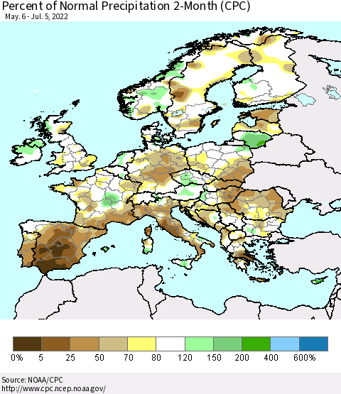 Europe Percent of Normal Precipitation 2-Month (CPC) Thematic Map For 5/6/2022 - 7/5/2022