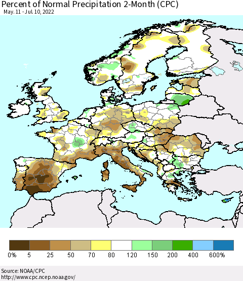 Europe Percent of Normal Precipitation 2-Month (CPC) Thematic Map For 5/11/2022 - 7/10/2022