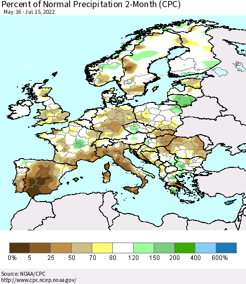 Europe Percent of Normal Precipitation 2-Month (CPC) Thematic Map For 5/16/2022 - 7/15/2022