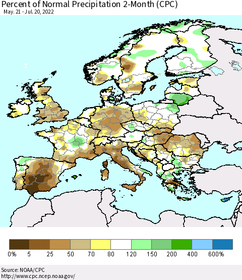 Europe Percent of Normal Precipitation 2-Month (CPC) Thematic Map For 5/21/2022 - 7/20/2022