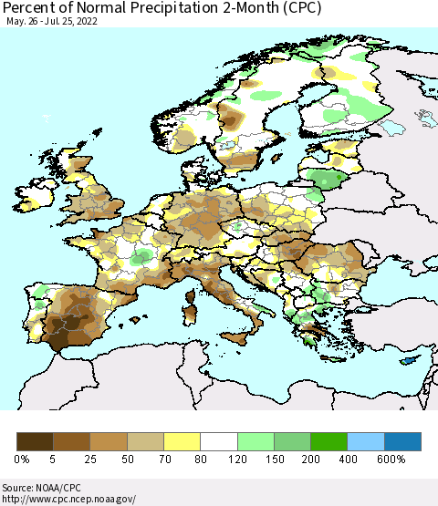 Europe Percent of Normal Precipitation 2-Month (CPC) Thematic Map For 5/26/2022 - 7/25/2022