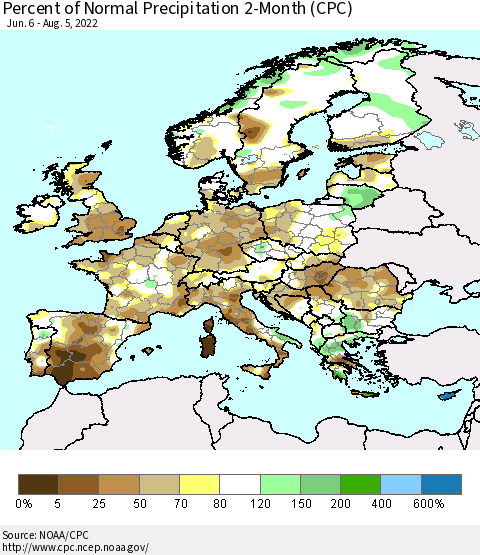 Europe Percent of Normal Precipitation 2-Month (CPC) Thematic Map For 6/6/2022 - 8/5/2022