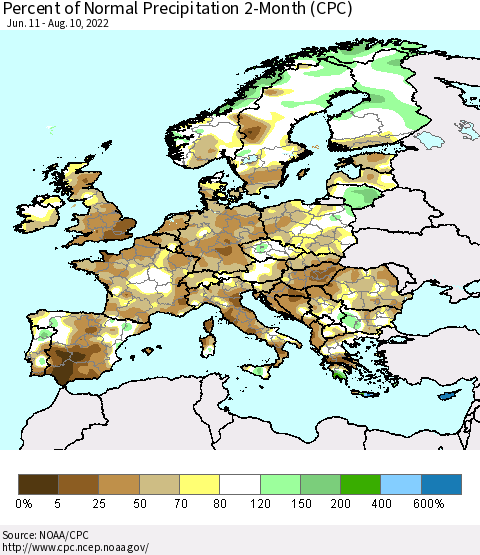 Europe Percent of Normal Precipitation 2-Month (CPC) Thematic Map For 6/11/2022 - 8/10/2022