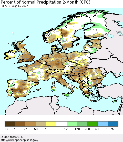 Europe Percent of Normal Precipitation 2-Month (CPC) Thematic Map For 6/16/2022 - 8/15/2022