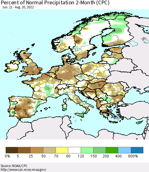 Europe Percent of Normal Precipitation 2-Month (CPC) Thematic Map For 6/21/2022 - 8/20/2022