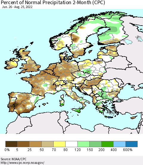 Europe Percent of Normal Precipitation 2-Month (CPC) Thematic Map For 6/26/2022 - 8/25/2022