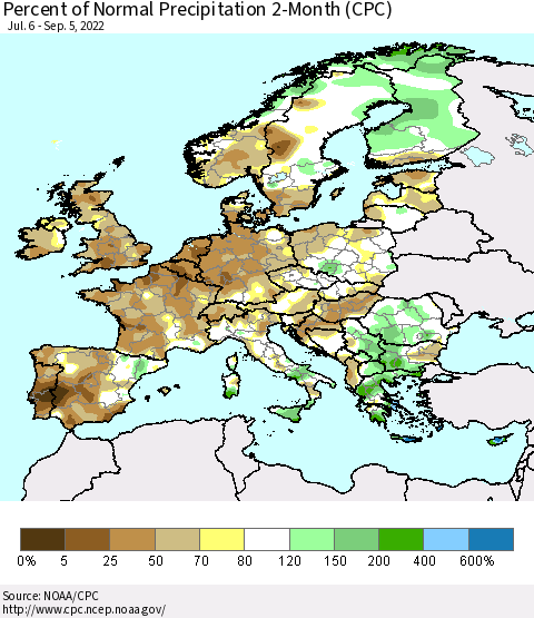Europe Percent of Normal Precipitation 2-Month (CPC) Thematic Map For 7/6/2022 - 9/5/2022