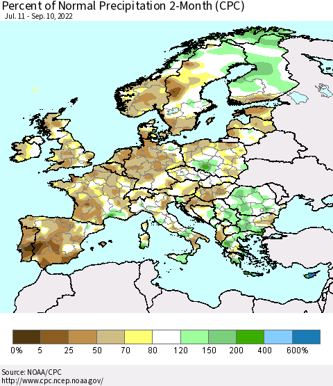 Europe Percent of Normal Precipitation 2-Month (CPC) Thematic Map For 7/11/2022 - 9/10/2022