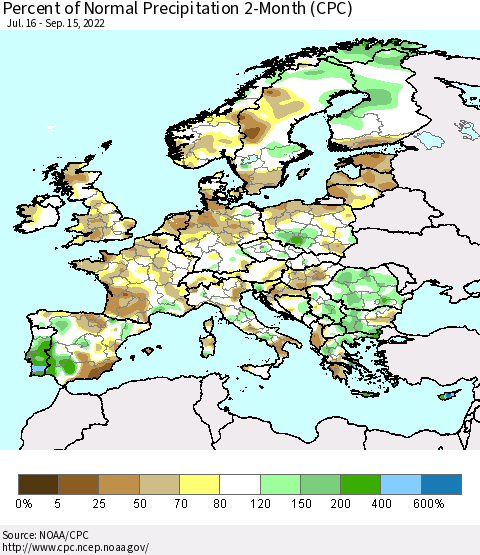 Europe Percent of Normal Precipitation 2-Month (CPC) Thematic Map For 7/16/2022 - 9/15/2022