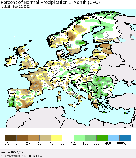 Europe Percent of Normal Precipitation 2-Month (CPC) Thematic Map For 7/21/2022 - 9/20/2022