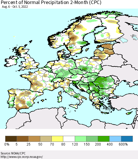 Europe Percent of Normal Precipitation 2-Month (CPC) Thematic Map For 8/6/2022 - 10/5/2022