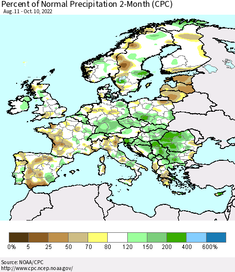 Europe Percent of Normal Precipitation 2-Month (CPC) Thematic Map For 8/11/2022 - 10/10/2022