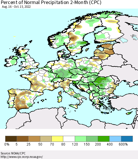 Europe Percent of Normal Precipitation 2-Month (CPC) Thematic Map For 8/16/2022 - 10/15/2022