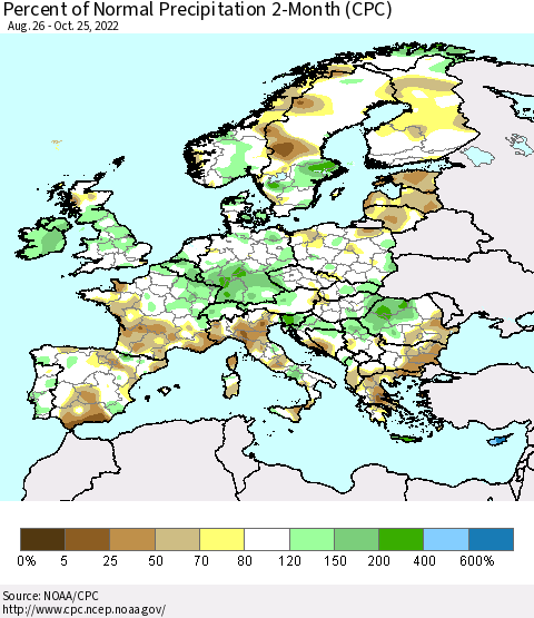 Europe Percent of Normal Precipitation 2-Month (CPC) Thematic Map For 8/26/2022 - 10/25/2022